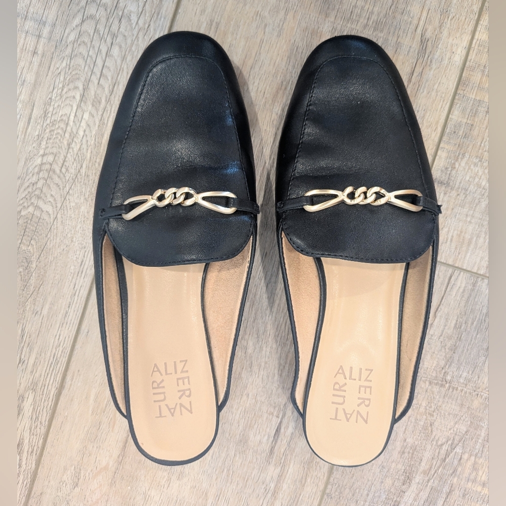 Naturalizer Kayden Black Flat Mule Loafers with Gold Detail | 7.5